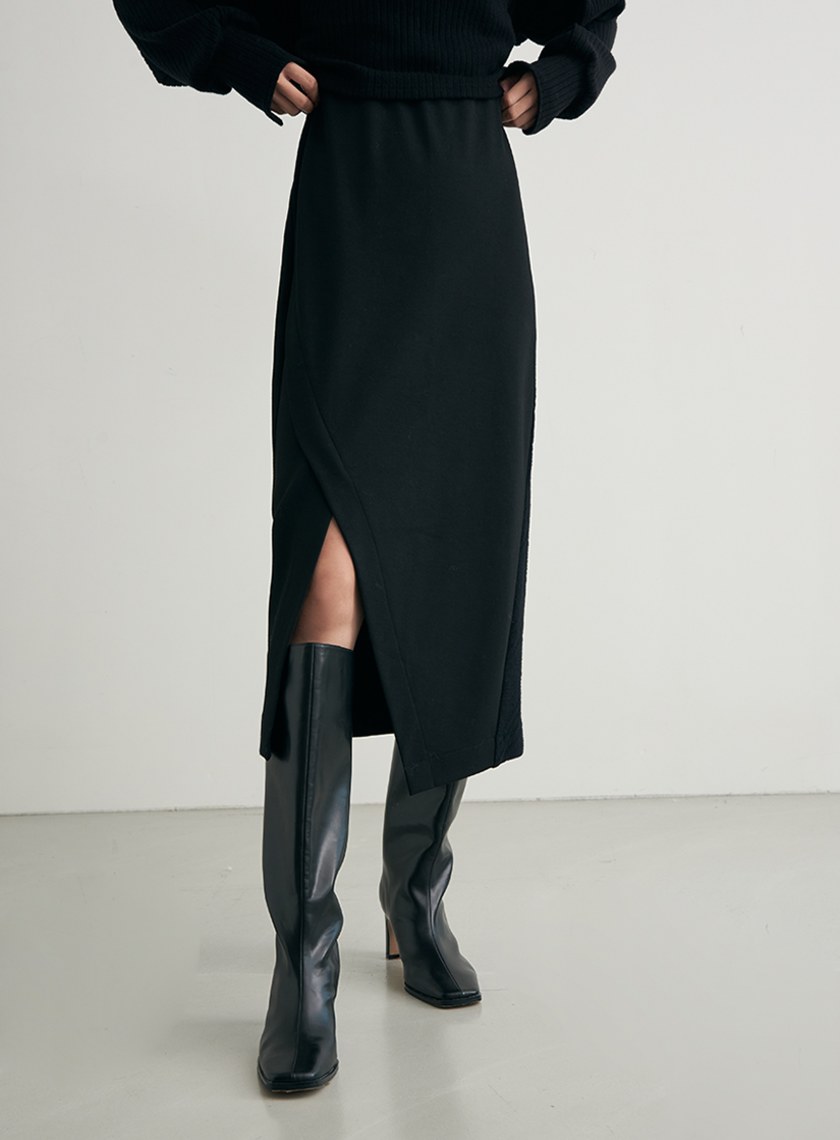 異材質拼接開衩直筒裙